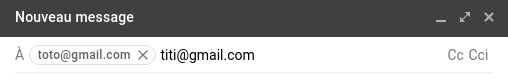 Saisie des destinataires dans Gmail - Capture d'écran