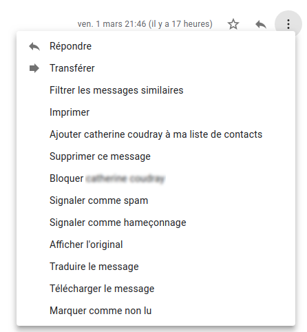 Les options en cliquant sur l’icône des trois points dans le mail reçu, dans Gmail - Capture d'écran