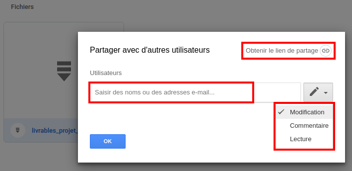Pour donner accès à un document sur Google Drive - Capture d'écran