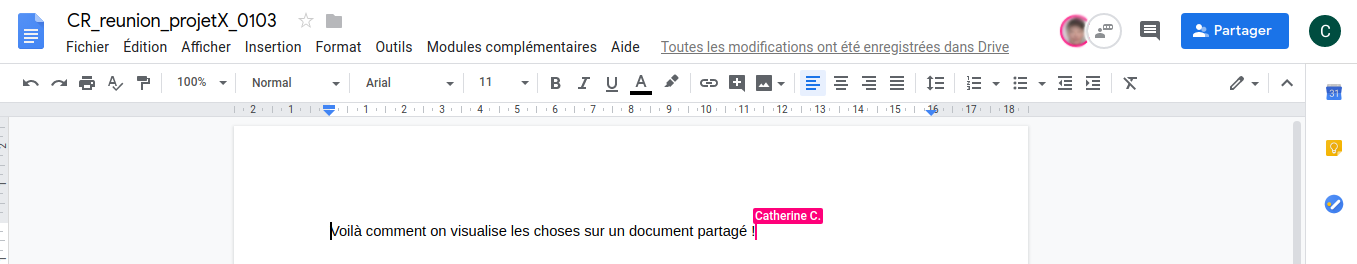 Document texte partagé sur Google Drive - Capture d'écran montrant l'image du collaborateur et son curseur.