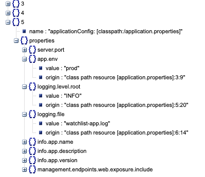 Part of /env JSON response. Among other useful information, it exposes the content of application.properties