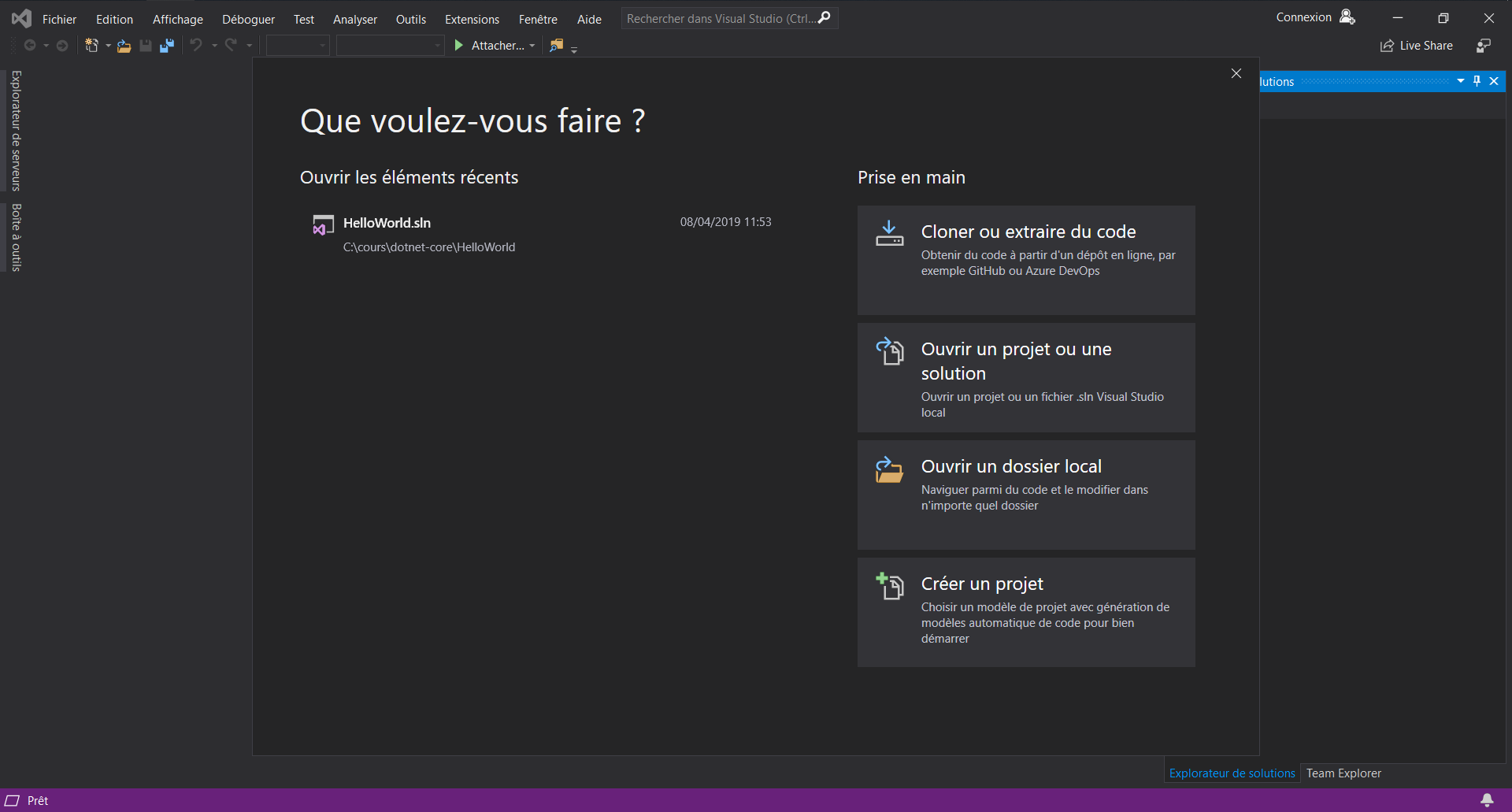La page de démarrage de Visual Studio