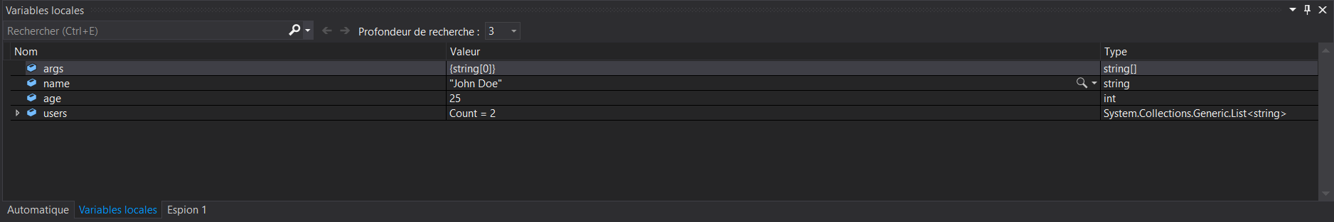 La fenêtre Variables locales