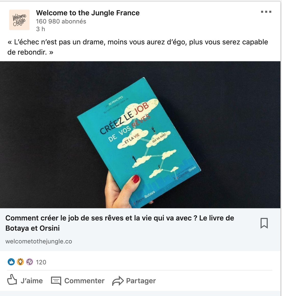 Exemple d'un post LinkedIn par l'entreprise Welcome to the Jungle. Source : Welcome To The Jungle