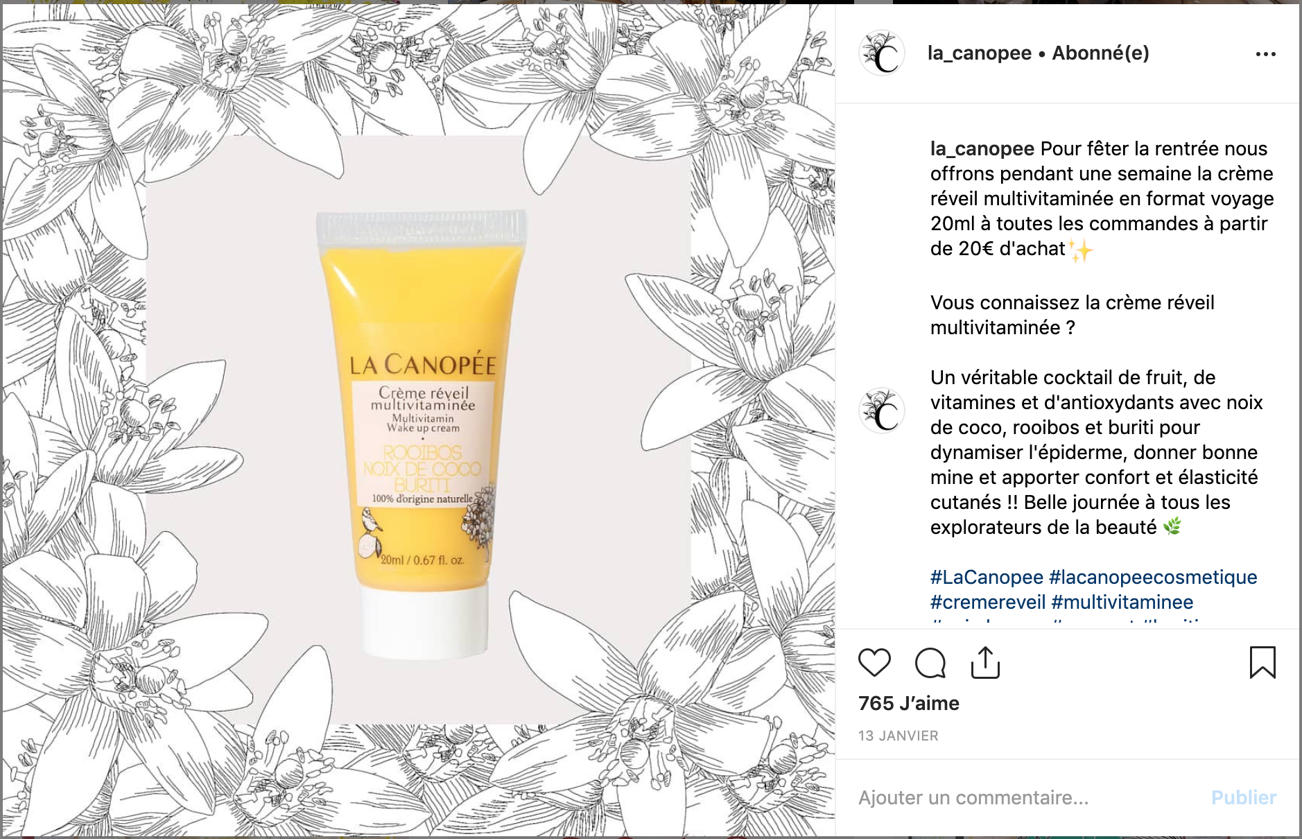 Exemple d'une publication sur Instagram avec une photo d'une crème La Canopée. Source : La Canopée