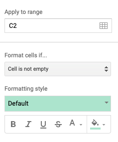 the dialog box asks us which cells we want to format,  what conditions we want to apply and what formatting we want. For example: In cell C2, if the cell is not empty, apply the default formatting style (which is green)