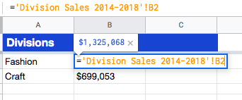 In the example below, the sheet name I'm referencing is Division Sales 2014-2018 and you can I added an exclamation mark in there after the sheet name and before the cell reference.
