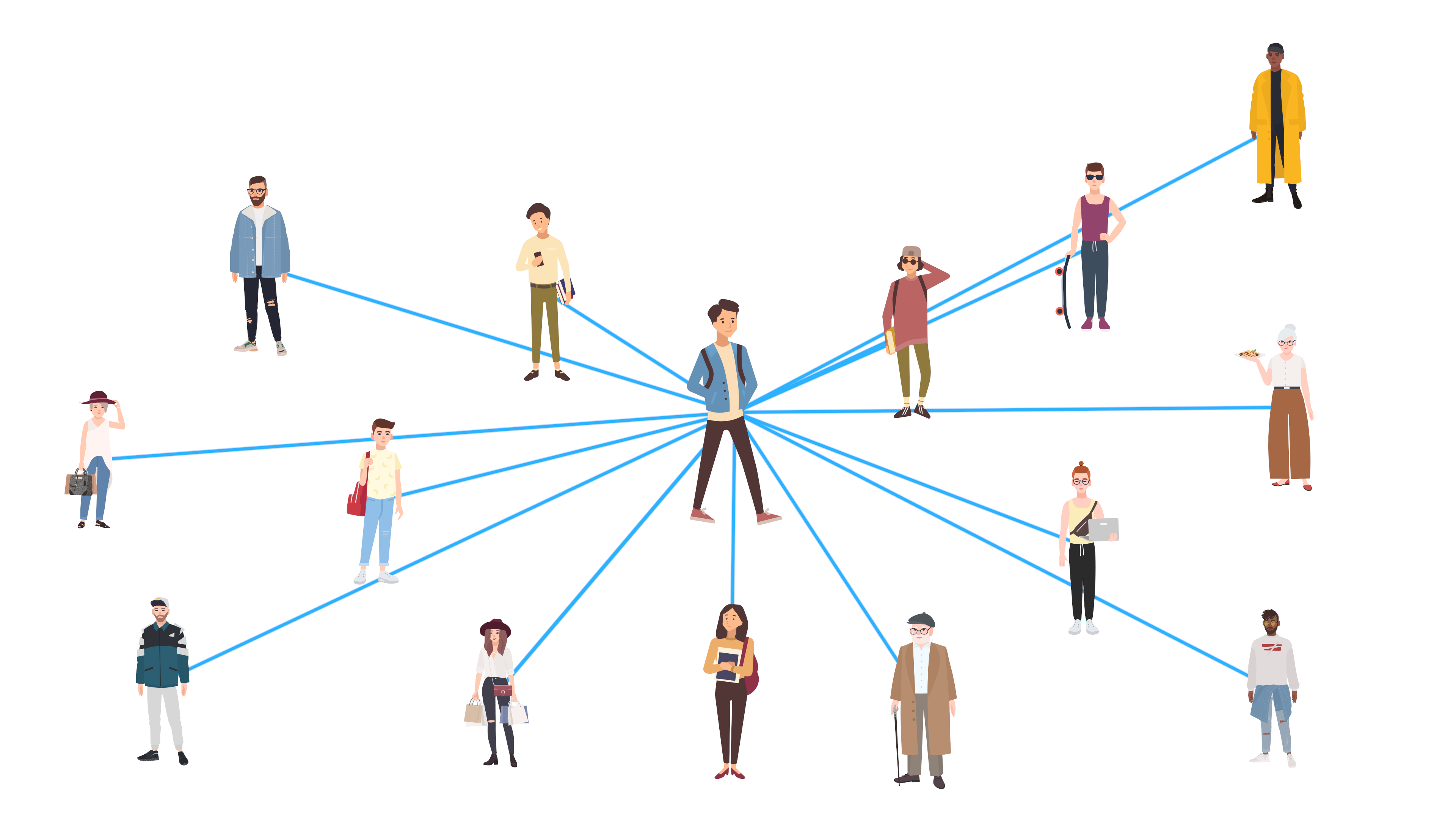 One person in the centre, with a network of people around him.