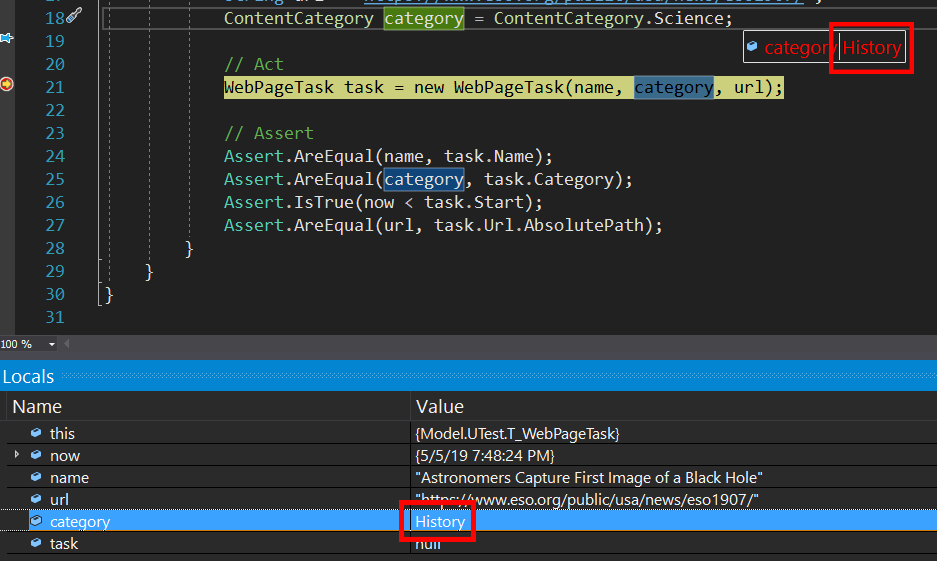 Modify data values directly - Debug Your .NET Application With Visual Studio  - OpenClassrooms