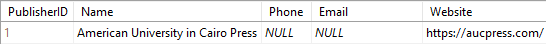 Example of an entity instance, with PublisherID of 1, Name American University in Cairo Press, Phone null, Email null, and Website https://aucpress.com.