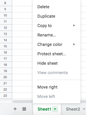 Tab menu options when selecting the dropdown arrow next to sheet 1. Options such as delete, duplicate, copy to etc will show.