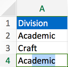 For example, if I have already typed academic and I start typing Ac in another cell, the spreadsheet program will show me the options of prior cell entries that begin with Ac.