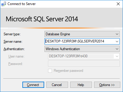 Login screen for SQL Server. The field values will vary by machine.