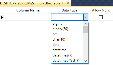 New table layout page - Enter Column Name, Data Type and check if nulls are allowed.