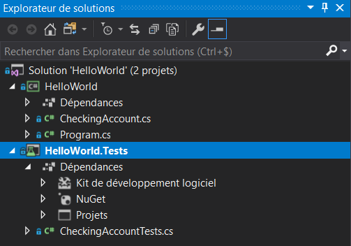 Les tests dans l'explorateur de solutions
