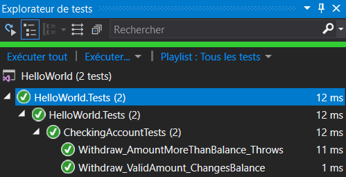 Les tests apparaissent dans l’explorateur de test