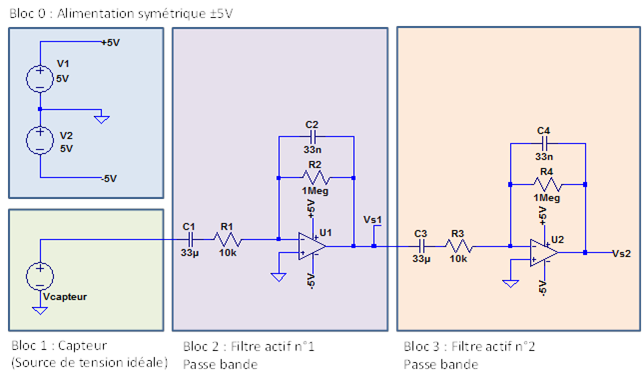 Figure 3 : Schéma électronique du détecteur de mouvement alimenté en tension symétrique.