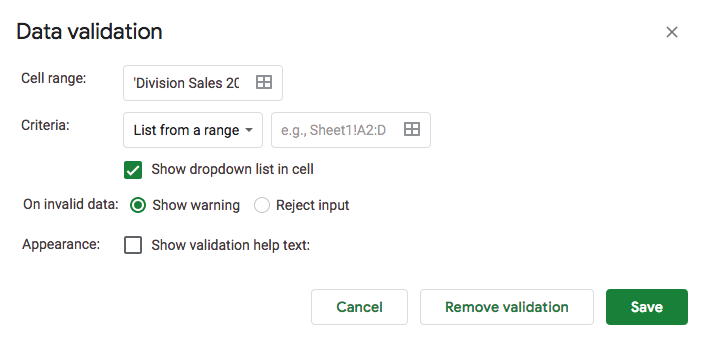 validation options include the cell range, the criteria, whether to show a warning or reject input if data is invalid, and whether we want the validation help text to display or not