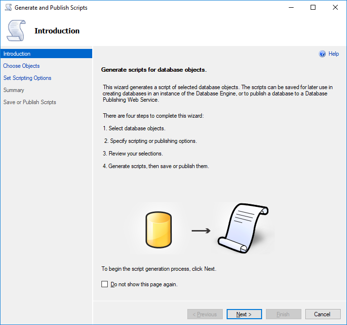 The Introduction page for generating scripts, just click Next