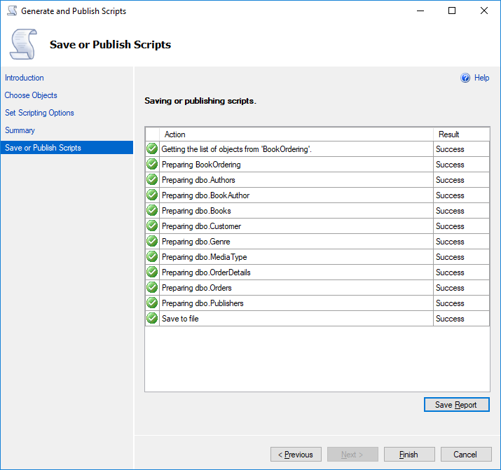 Save or Publish Scripts Action Status screen.