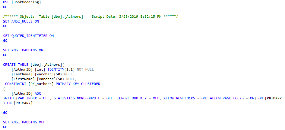 Create table script generated by SQL Server: USE BookOrdering, Go, etc.