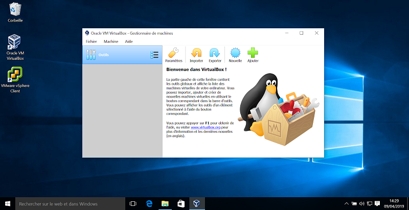 Fenêtre d’accueil à l’ouverture de VirtualBox 6.0.4