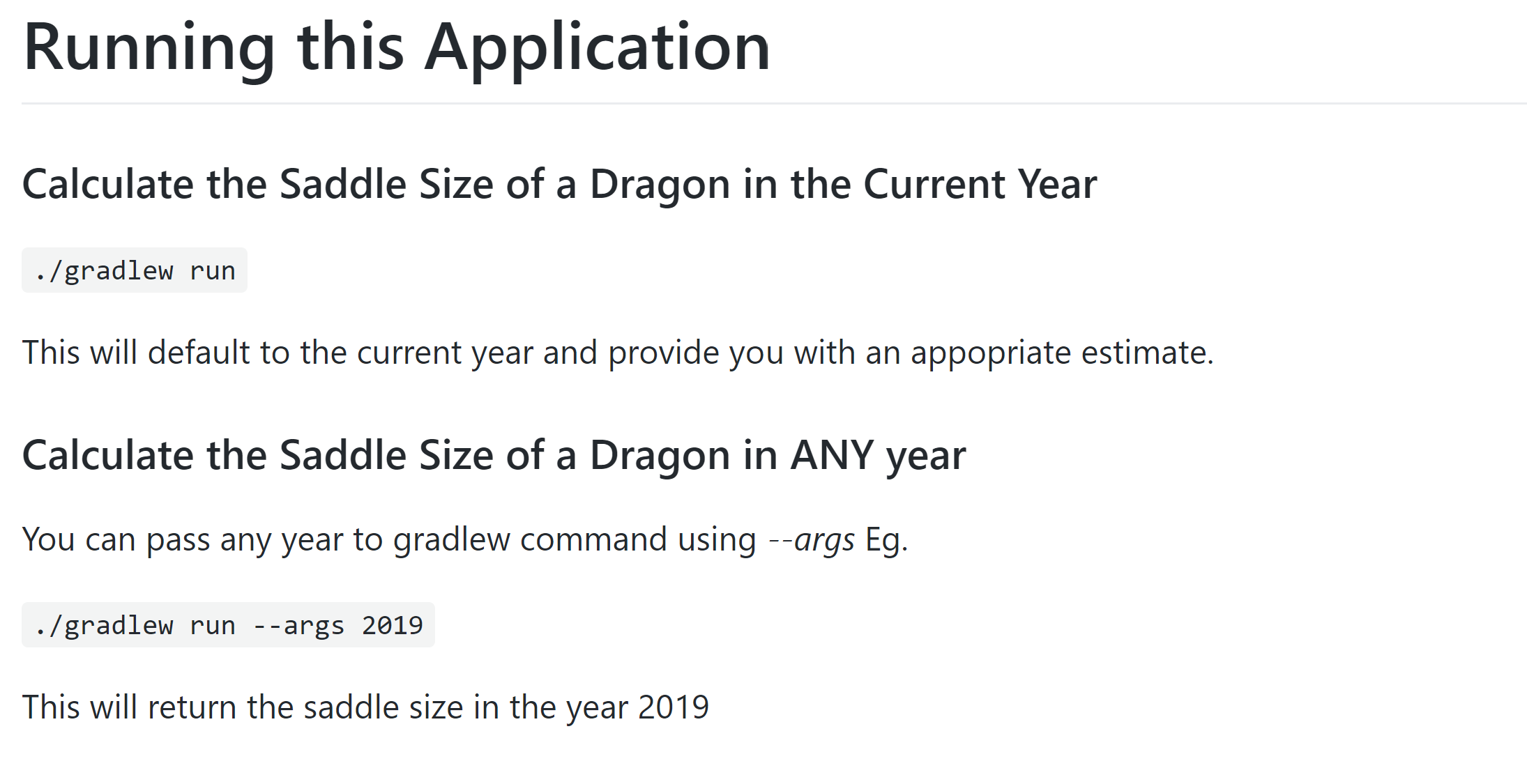Instructions from the README telling us that we can use ./gradlew run --args 2019 to run the app for the year 2019.