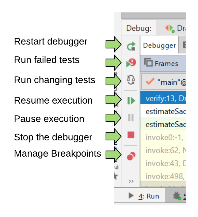 Debug Controls for starting, stopping, pausing and managing the debugger.