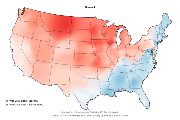 Carte des états-unis représentant graphiquement les états où le mot caramel est prononcé en 2 syllables ou en 3 syllables
