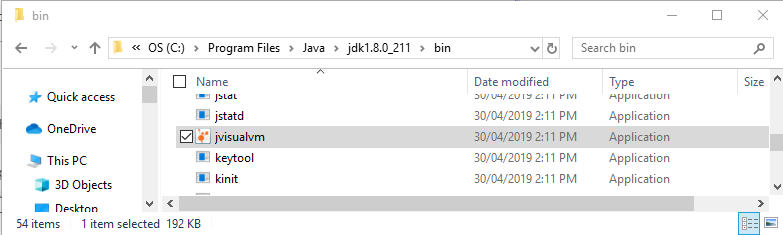 A JDK directory on windows showing the jvisualvm binary