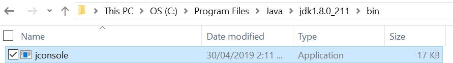 Image of jconsole stored under the c:\Program Files\Java\jdk1.8.0_211 folder.