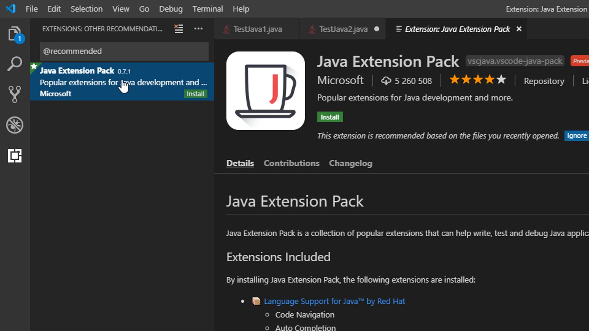 Extension Java dans le marketplace VS Code