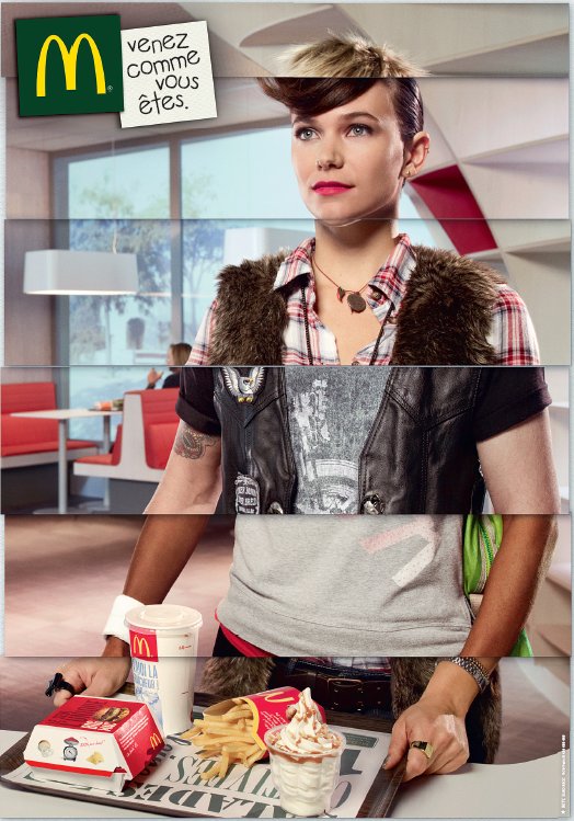 Publicité Mc Donald représentant une seule personne découpée en plusieurs pour représenter la diversité des personnalités.