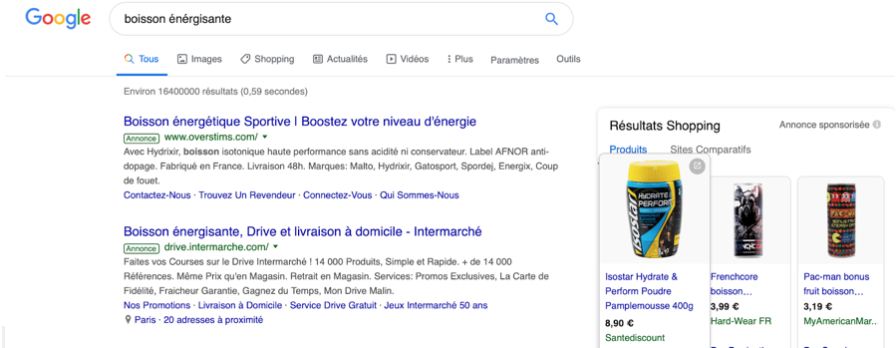 Publicité Adwords pour une boisson énergisante