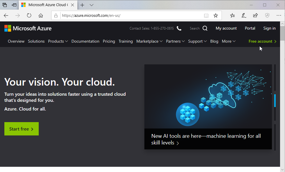 The Microsoft Azure homepage. There is a Start Free button.