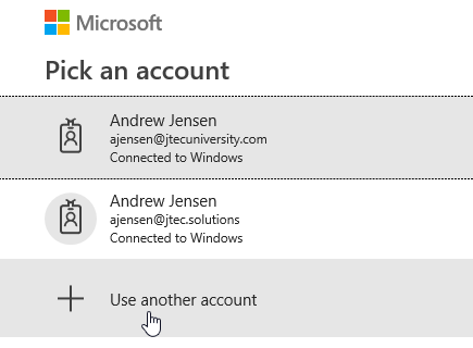The Pick an Account window. Any Microsoft accounts you already have are listed, followed by the option to Use Another Account.