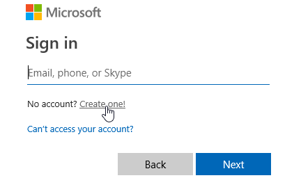 The Microsoft Account Sign-In window. Sign in with email, phone, or Skype. If you have no account, you have the option to create one.