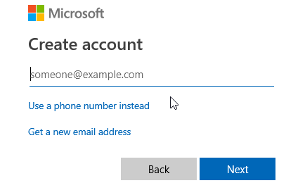 The Create Account window. Enter your email address. Otherwise, click on Use A Phone Number Instead or Get A New Email Address.