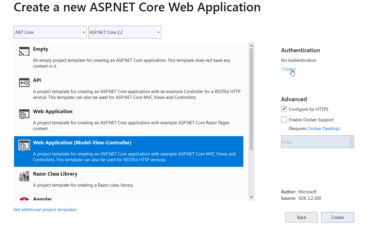 The Create a New ASP.NET Core Application window. Options for different types of applications are available.. We’re building a .NET MVC application, so select Web Application (Model-View-Controller) from the list of application types. Then, under Authen