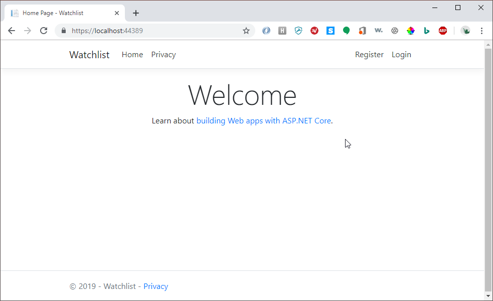 Your Application Home Page. The top navigation bar says Watchlist and provides links for Home, Privacy, Register, and Login. The content says Welcome in large font. Beneath that, Learn about building Web apps with ASP.NET Core.