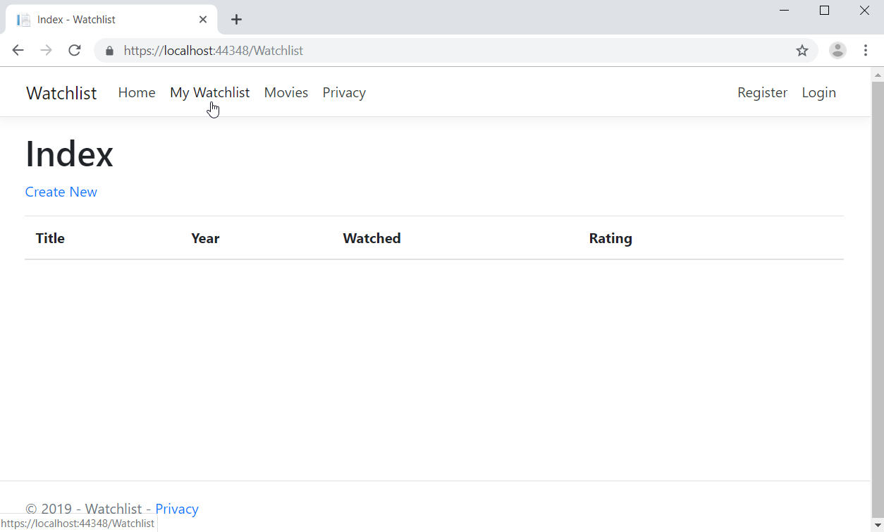 When you click on the new My Watchlist item in the navbar, the page reads Index, followed by Create New (hyperlinked), followed by the items Title, Year, Watched, and Rating listed horizontally across the screen.
