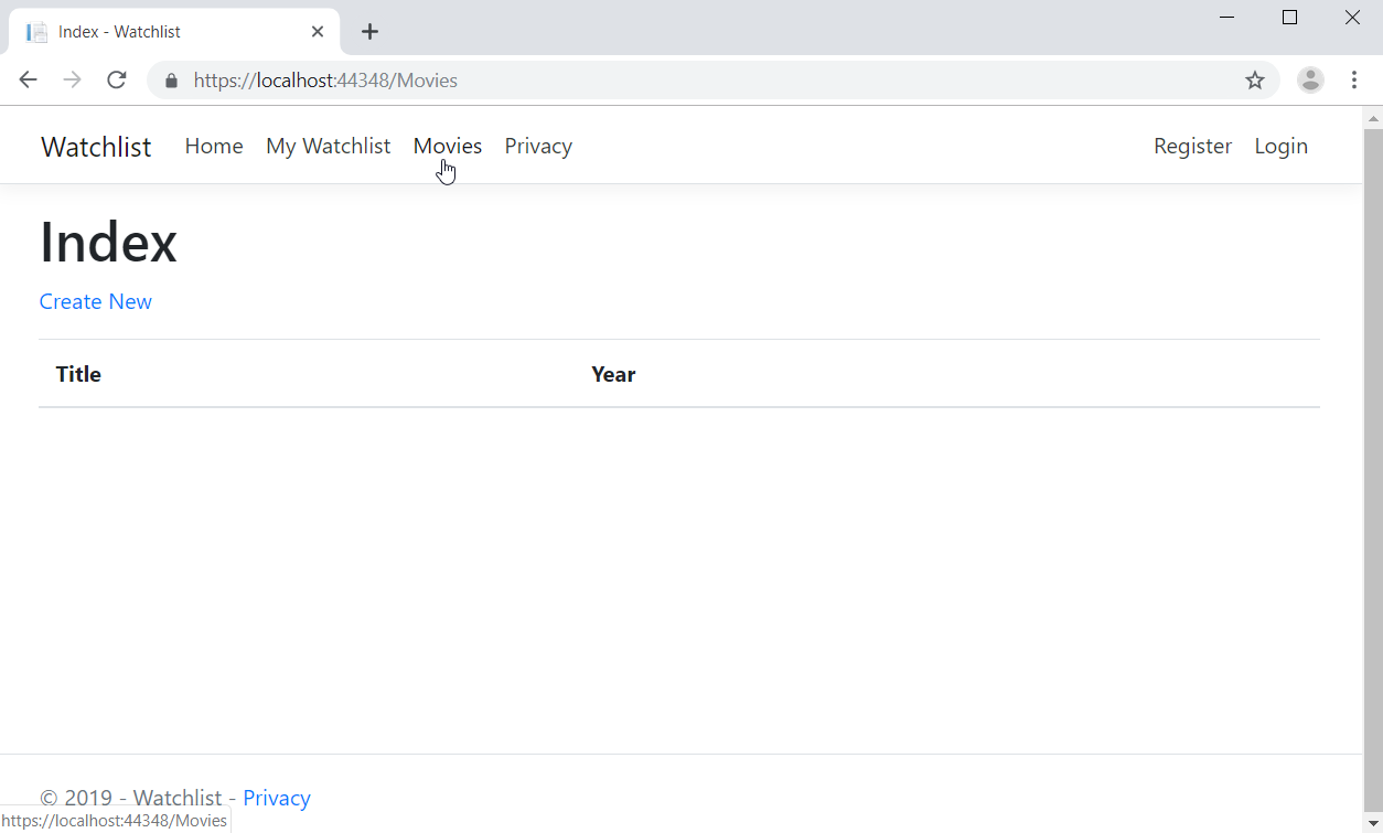 When you click on the new Movies item in the navbar, the page reads Index, followed by Create New (hyperlinked), followed by the items Title and Year listed horizontally across the screen.