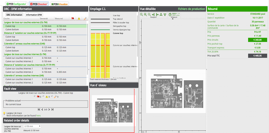 Interface pour configurer la technologie de votre PCB, visualiser et analyser le contenu des fichiers Gerber.
