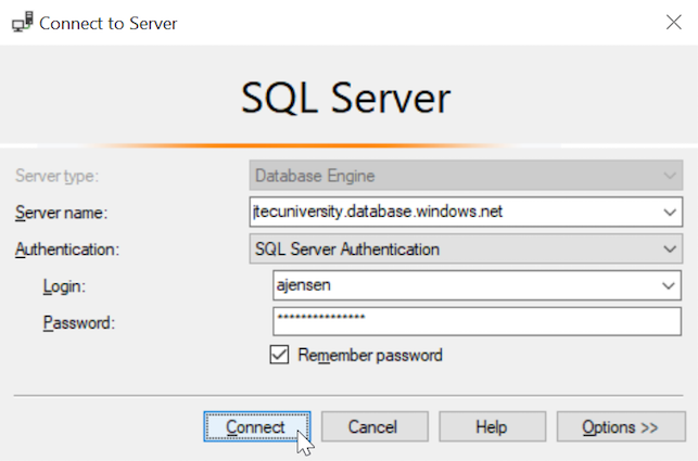 In the Connect to Server window, we've pasted the server name copied from Azure into the Server name field, changed the Authentication dropdown to SQL Server Authentication, entered the login name and password, and are ready to click Connect.