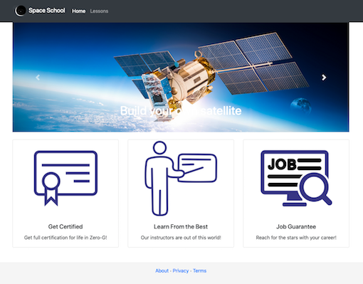 The design of the homepage for the example Space School website. It shows the full layout including a header section with the branding and a navigation bar; an image carrousel and information about the benefits of joining the Space School; as well as a fo