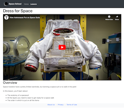 The design of an example of the Lesson details page for the example Space School website. The main content includes the lesson title; a lesson video and an overview of the lesson’s details.
