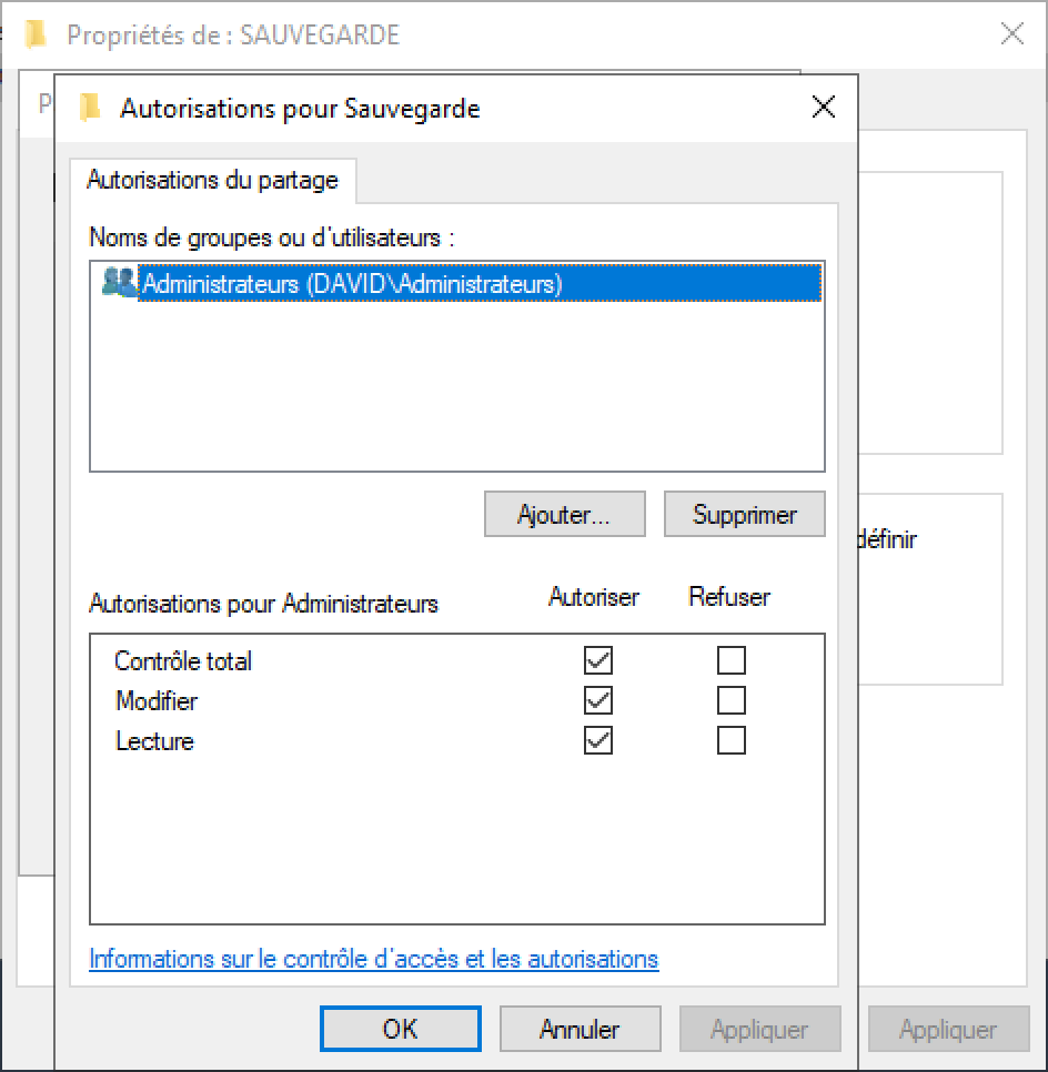 Autorisations pour Sauvegarde