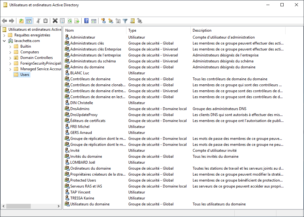 Votre Active Directory avec tous les utilisateurs que vous avez créés