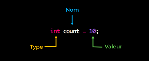 int count = 10 Int est le type. Count est le nom. 10 est la valeur.