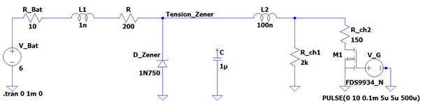 Circuit de simulation de la tentative de stabilisation de tenson à l'aide d'une diode Zener